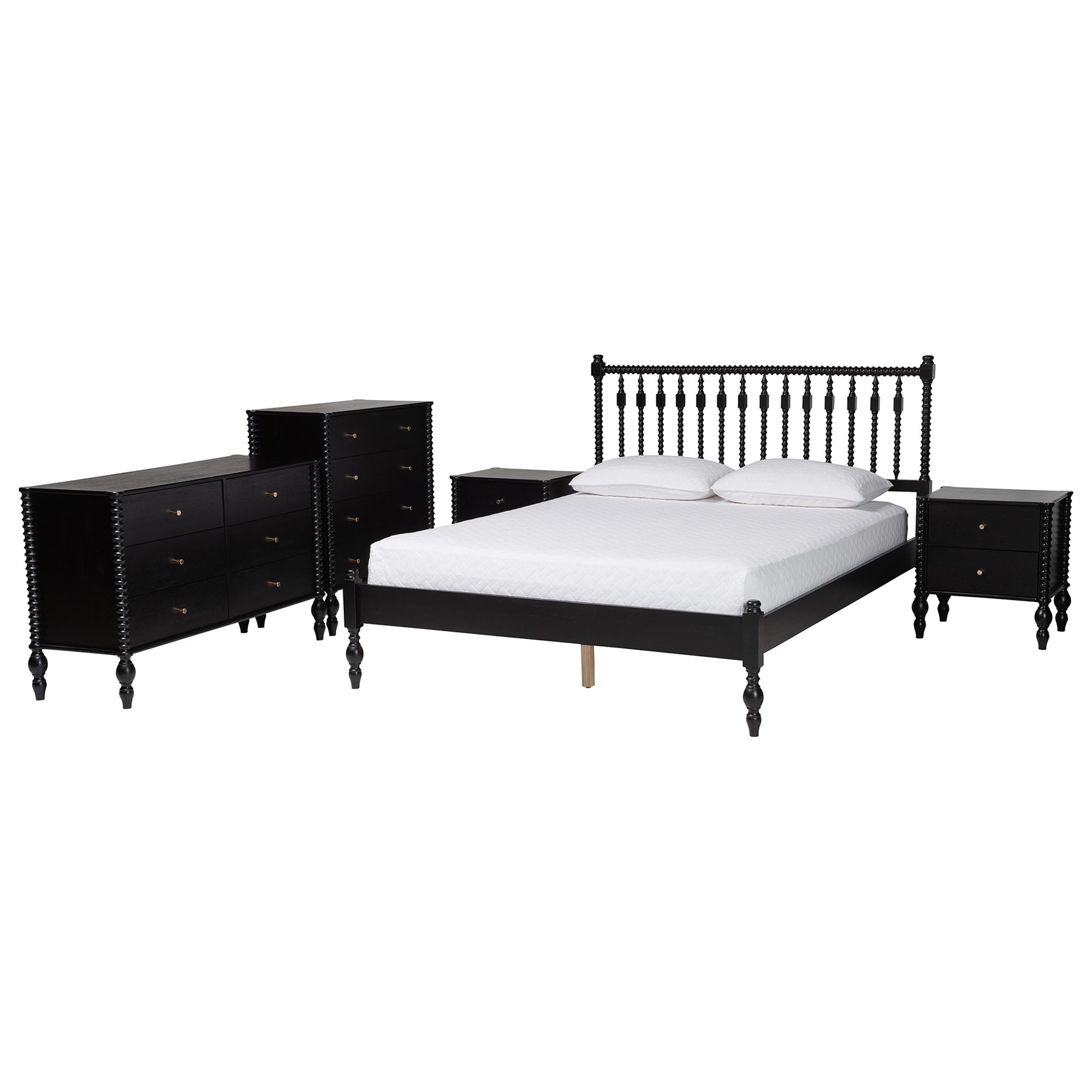 Baxton Studio Callison Spindle 5-Piece Bedroom Set - Farmhouse Platform Bed with Matching Dresser, Chest, and 2-Drawer Nightstands, Black, Queen